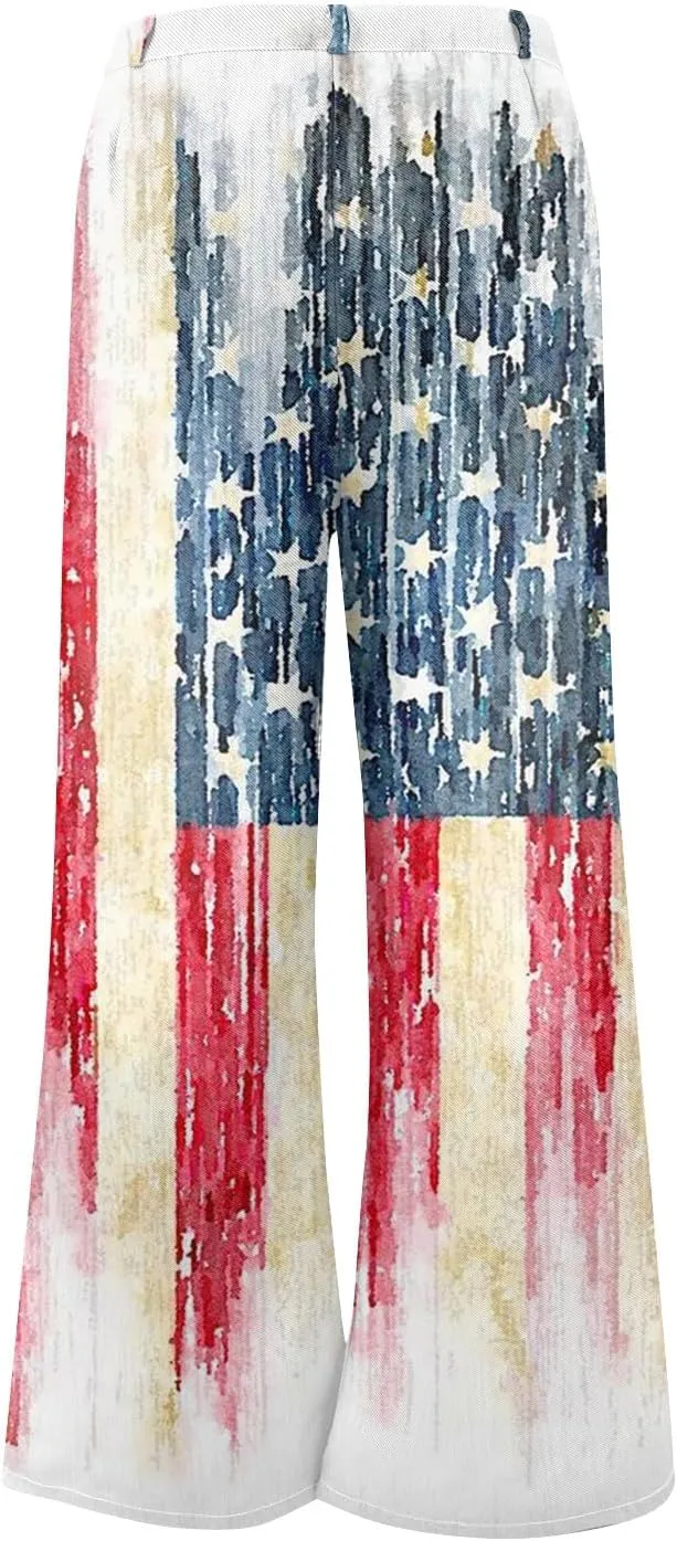 4Th of July Wide Leg Jeans Woman Stretchy High Waisted American Flag Baggy Jeans Patriotic Denim Pants Loose Fit