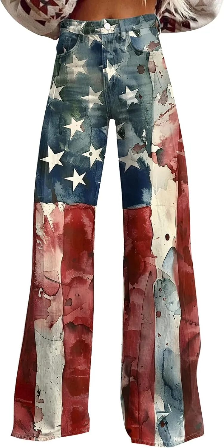4Th of July Wide Leg Jeans Woman Stretchy High Waisted American Flag Baggy Jeans Patriotic Denim Pants Loose Fit