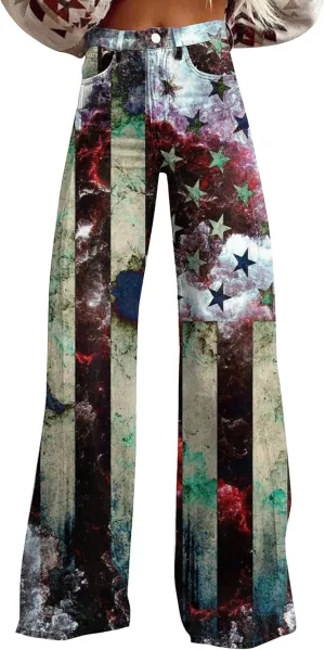 4Th of July Wide Leg Jeans Woman Stretchy High Waisted American Flag Baggy Jeans Patriotic Denim Pants Loose Fit