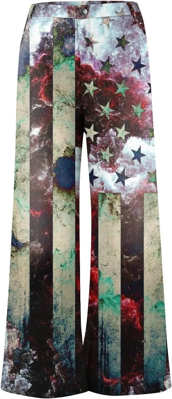4Th of July Wide Leg Jeans Woman Stretchy High Waisted American Flag Baggy Jeans Patriotic Denim Pants Loose Fit