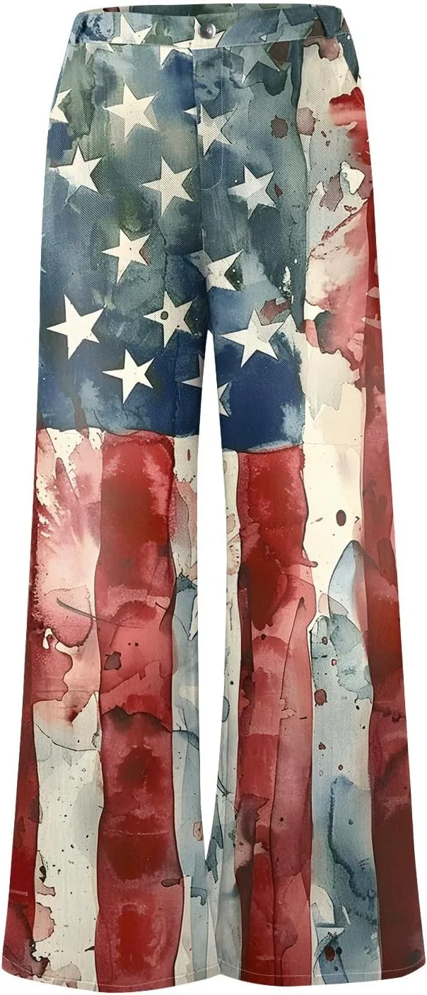 4Th of July Wide Leg Jeans Woman Stretchy High Waisted American Flag Baggy Jeans Patriotic Denim Pants Loose Fit
