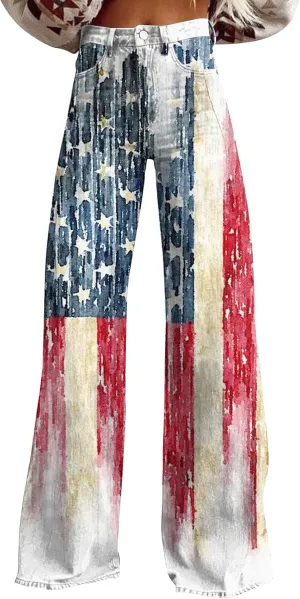4Th of July Wide Leg Jeans Woman Stretchy High Waisted American Flag Baggy Jeans Patriotic Denim Pants Loose Fit