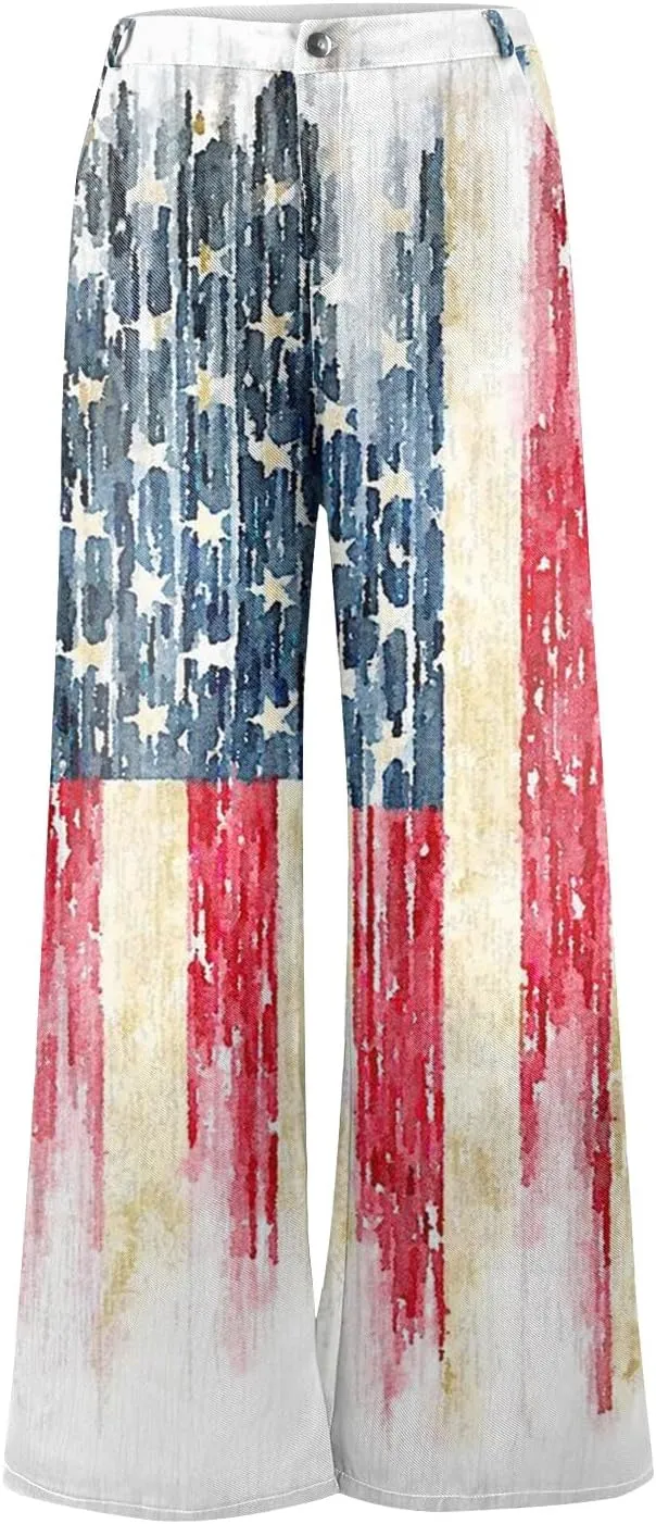 4Th of July Wide Leg Jeans Woman Stretchy High Waisted American Flag Baggy Jeans Patriotic Denim Pants Loose Fit