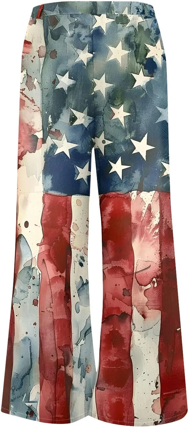 4Th of July Wide Leg Jeans Woman Stretchy High Waisted American Flag Baggy Jeans Patriotic Denim Pants Loose Fit