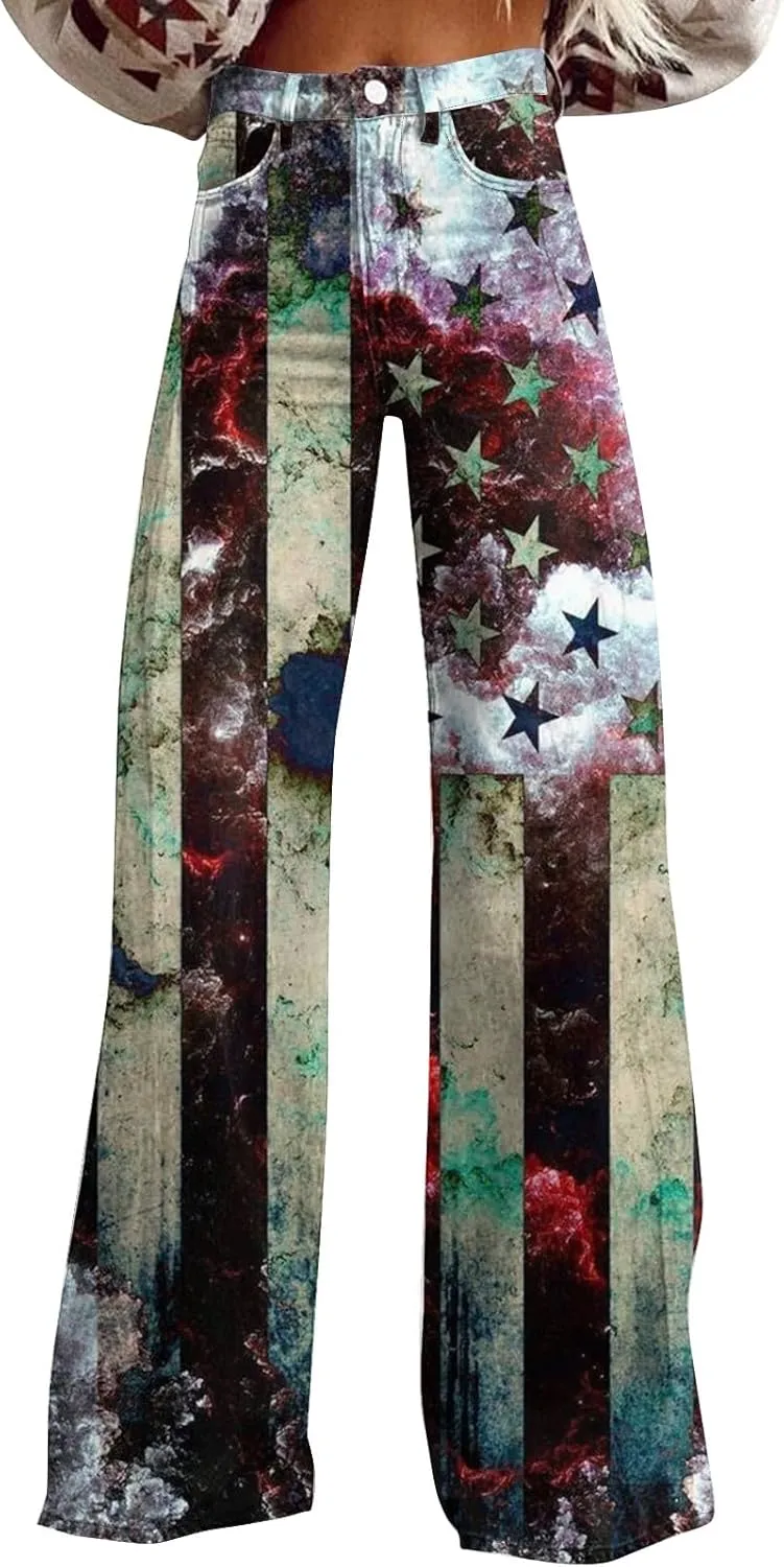 4Th of July Wide Leg Jeans Woman Stretchy High Waisted American Flag Baggy Jeans Patriotic Denim Pants Loose Fit