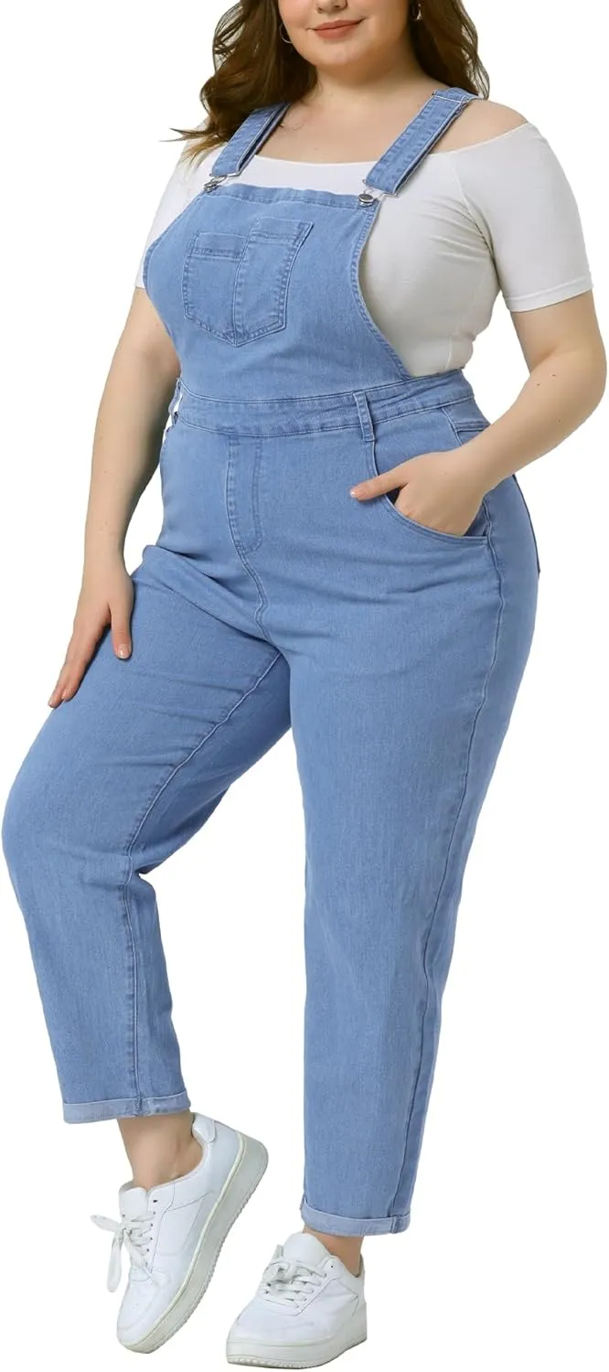 Agnes Orinda Women's Plus Size Casual Stretch Adjustable Denim Bib Overalls Jeans Pants Jumpsuits