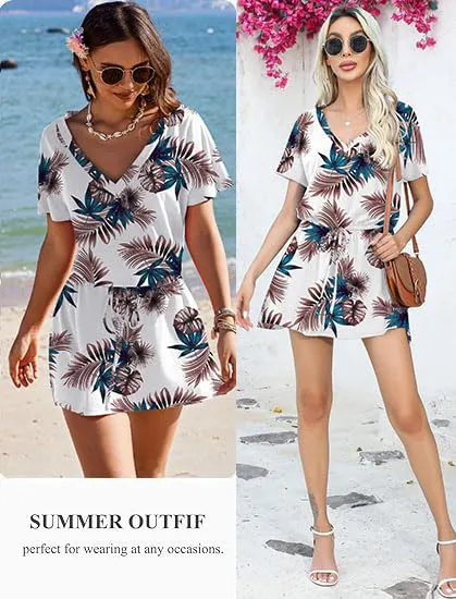 AI'MAGE Women's Cover Up Short Sleeve Beachwear Coverups V-Neck Bikini Beach Dresses for Women 2024 with Srawstring White Background-Brown Leaves,Small