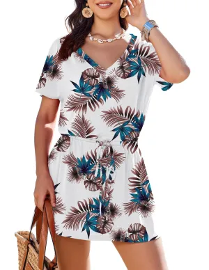 AI'MAGE Women's Cover Up Short Sleeve Beachwear Coverups V-Neck Bikini Beach Dresses for Women 2024 with Srawstring White Background-Brown Leaves,Small