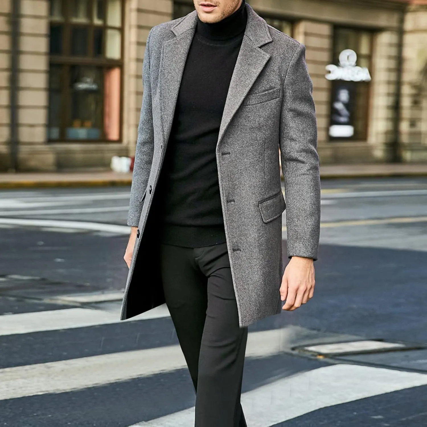 Alalaso Men's Wool Blend Pea Coat Notched Collar Single Breasted Overcoat Warm Winter Trench Coats with Pockets