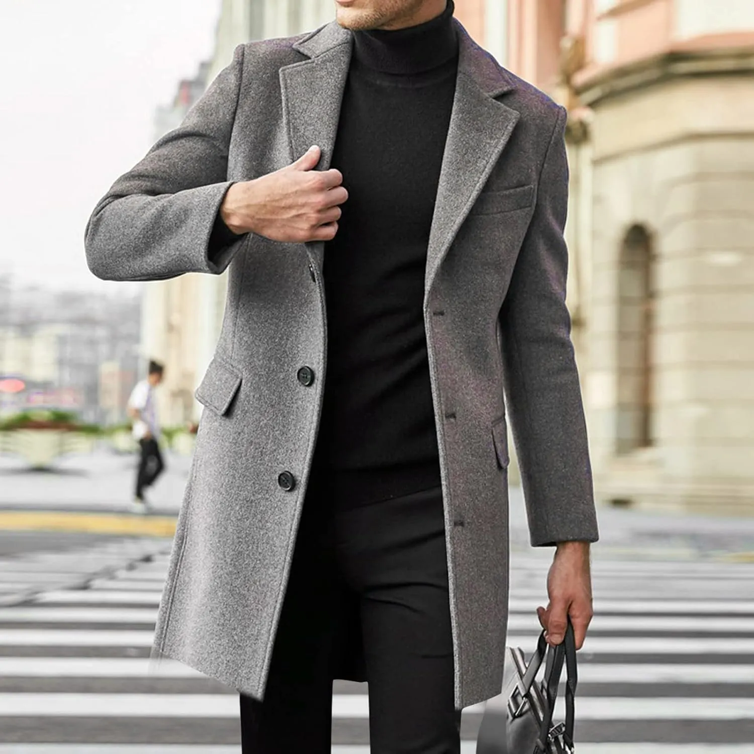 Alalaso Men's Wool Blend Pea Coat Notched Collar Single Breasted Overcoat Warm Winter Trench Coats with Pockets