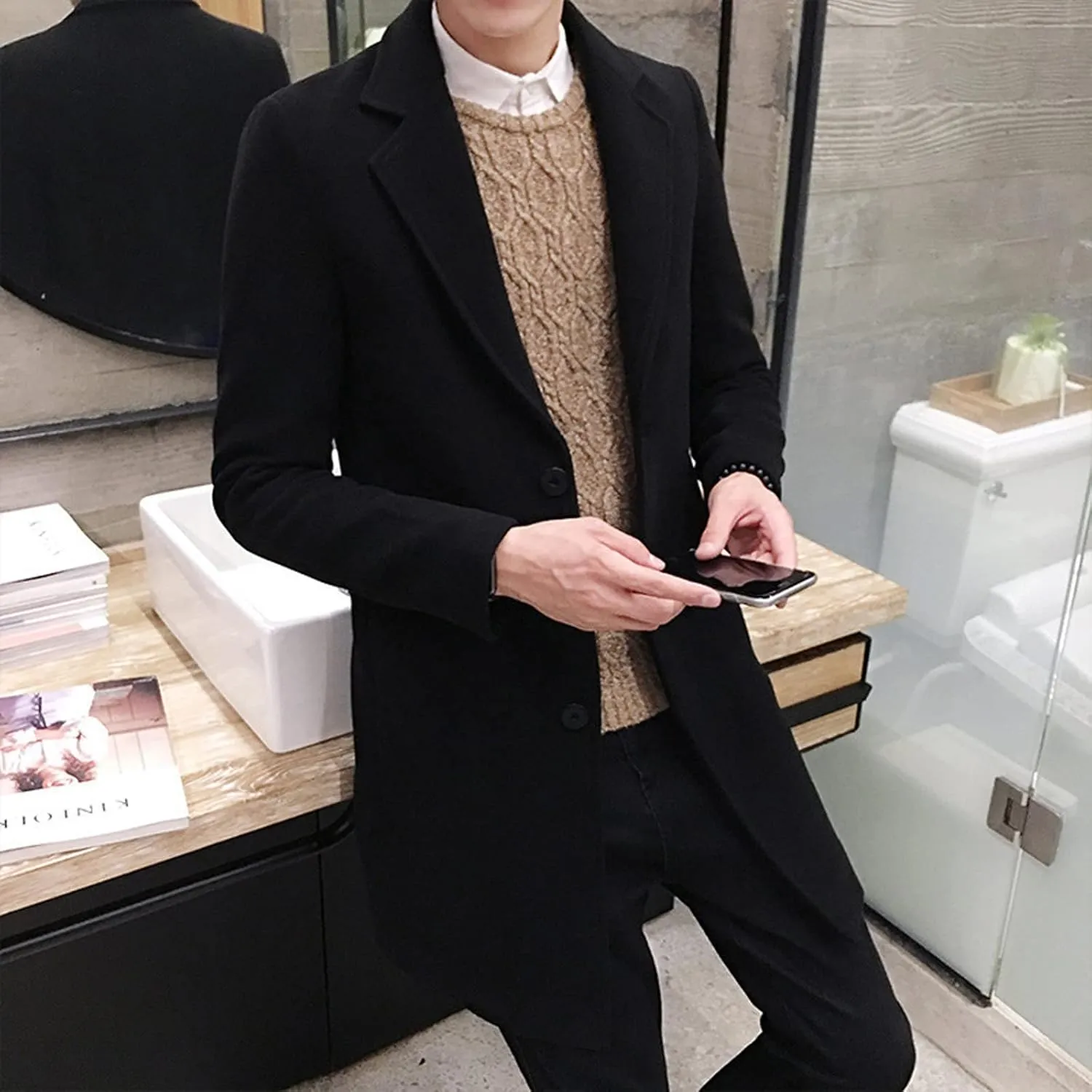 Alalaso Men's Wool Blend Pea Coat Notched Collar Single Breasted Overcoat Warm Winter Trench Coats with Pockets