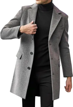 Alalaso Men's Wool Blend Pea Coat Notched Collar Single Breasted Overcoat Warm Winter Trench Coats with Pockets