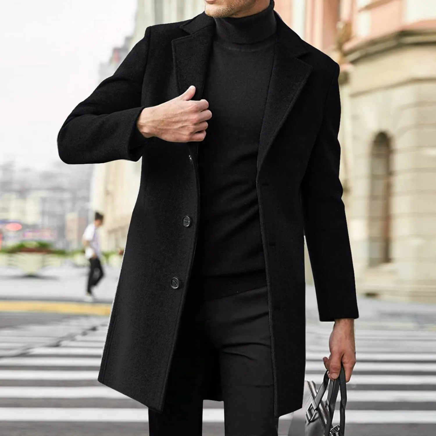 Alalaso Men's Wool Blend Pea Coat Notched Collar Single Breasted Overcoat Warm Winter Trench Coats with Pockets