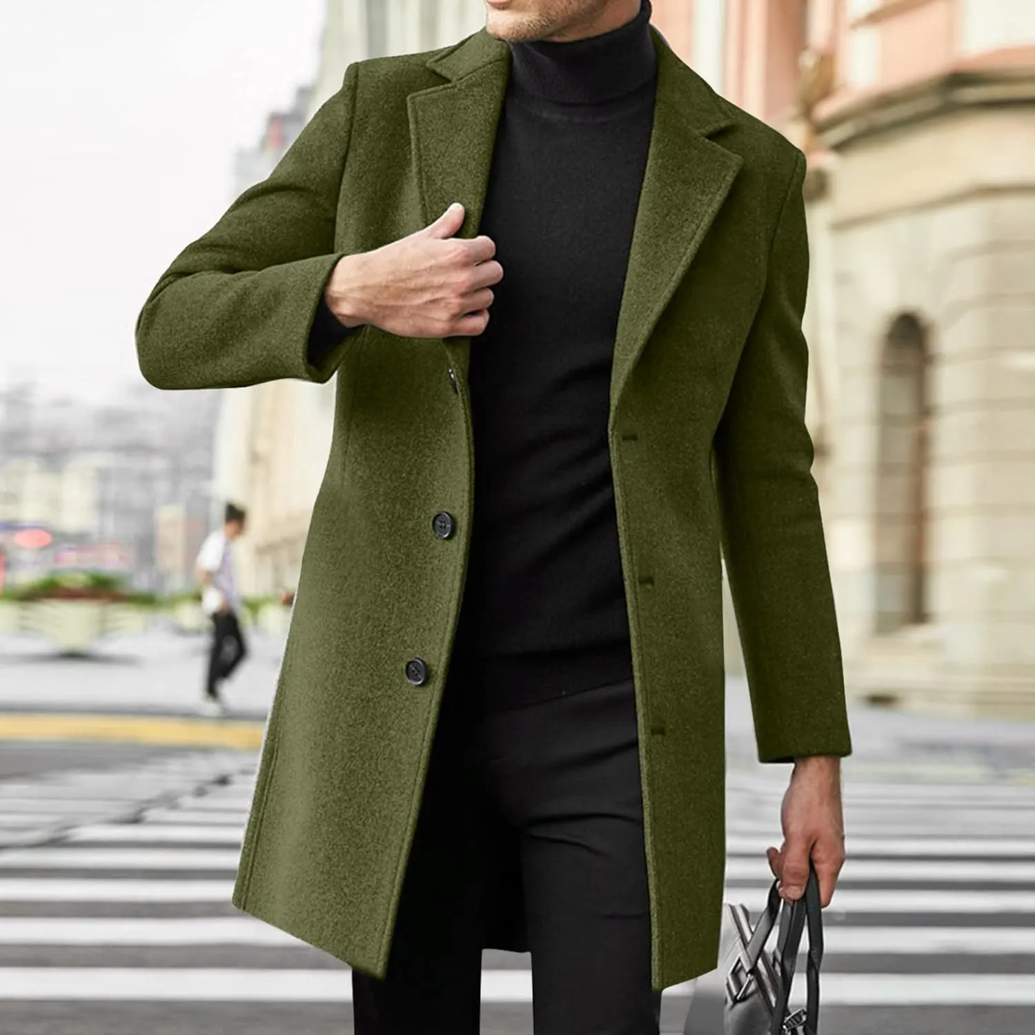 Alalaso Men's Wool Blend Pea Coat Notched Collar Single Breasted Overcoat Warm Winter Trench Coats with Pockets
