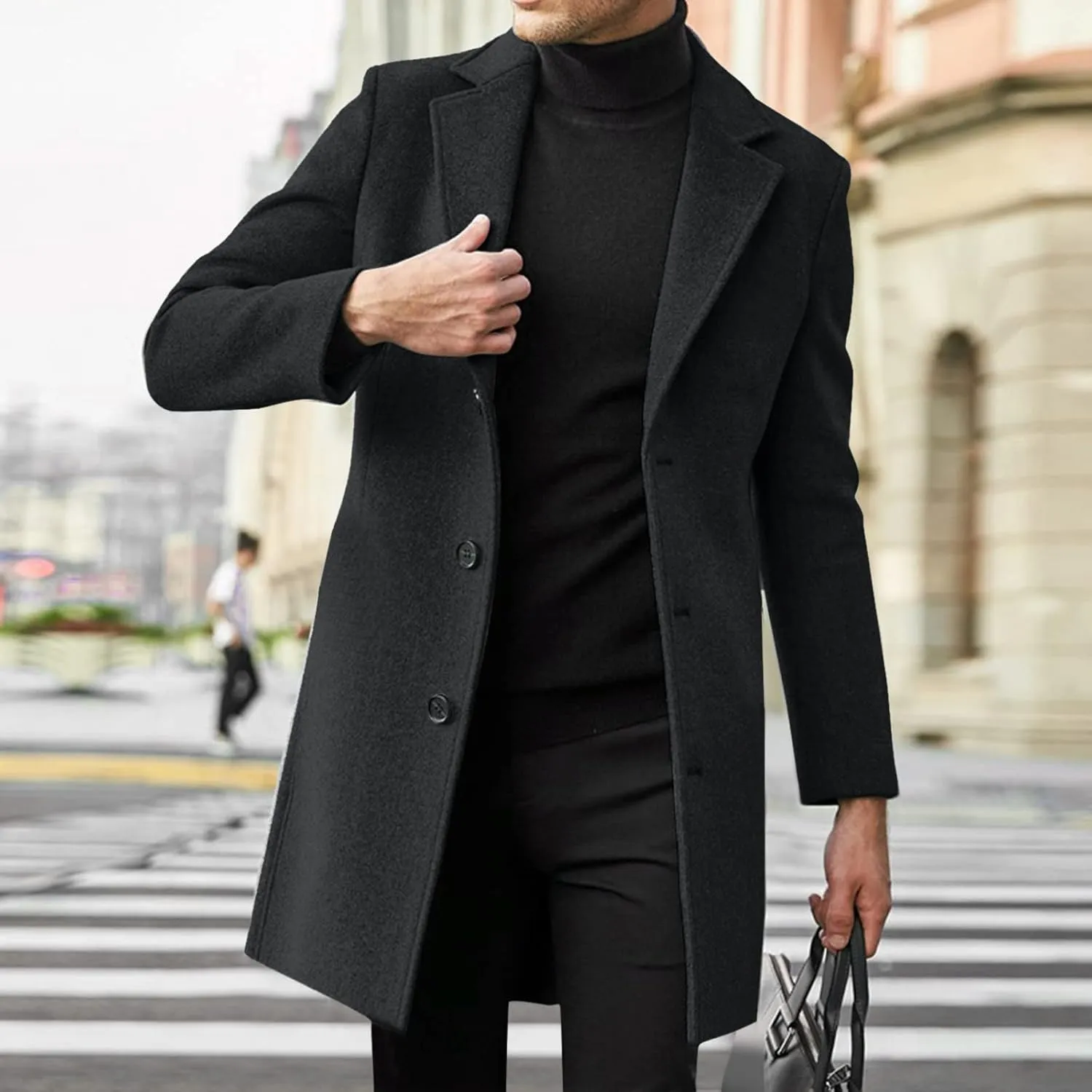 Alalaso Men's Wool Blend Pea Coat Notched Collar Single Breasted Overcoat Warm Winter Trench Coats with Pockets