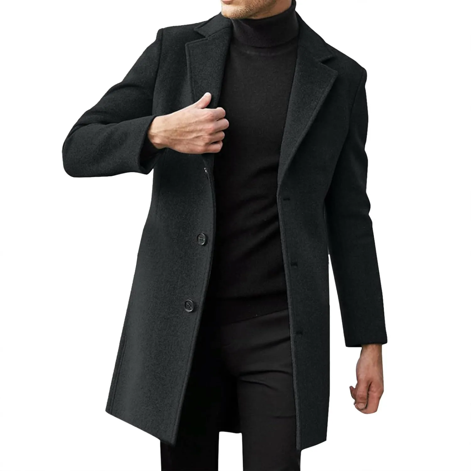 Alalaso Men's Wool Blend Pea Coat Notched Collar Single Breasted Overcoat Warm Winter Trench Coats with Pockets