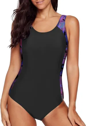 Aleumdr Womens Color Block Print One Piece Swimsuits Athletic Training Swimwear Bathing Suits