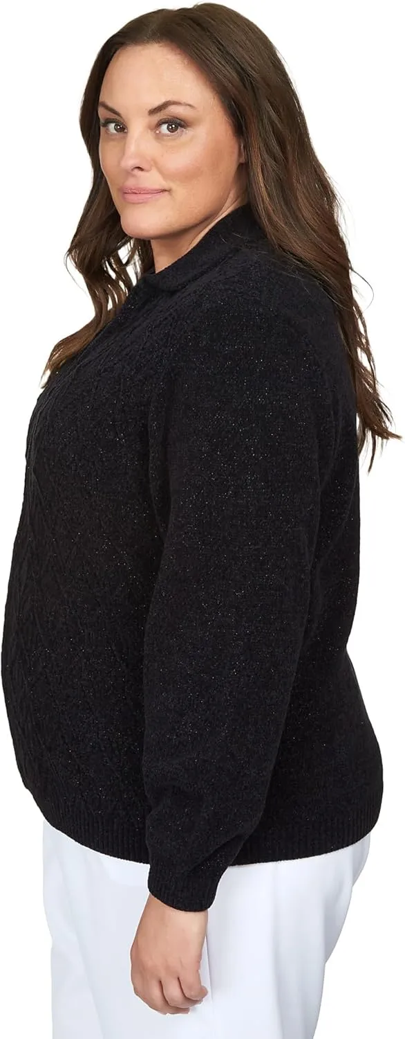 Alfred Dunner Classic Chenille W/Lurix Zippered Cardigan