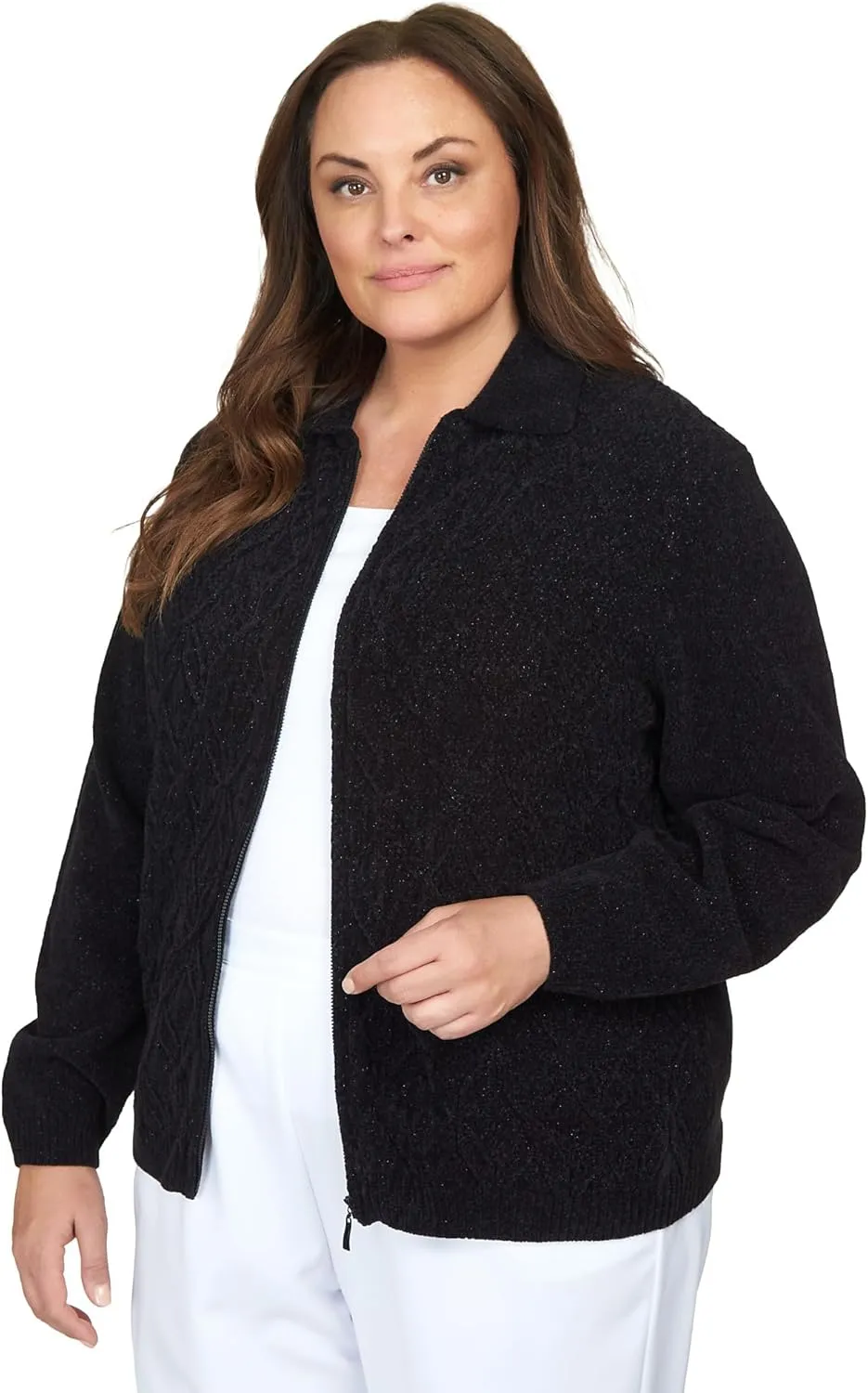 Alfred Dunner Classic Chenille W/Lurix Zippered Cardigan