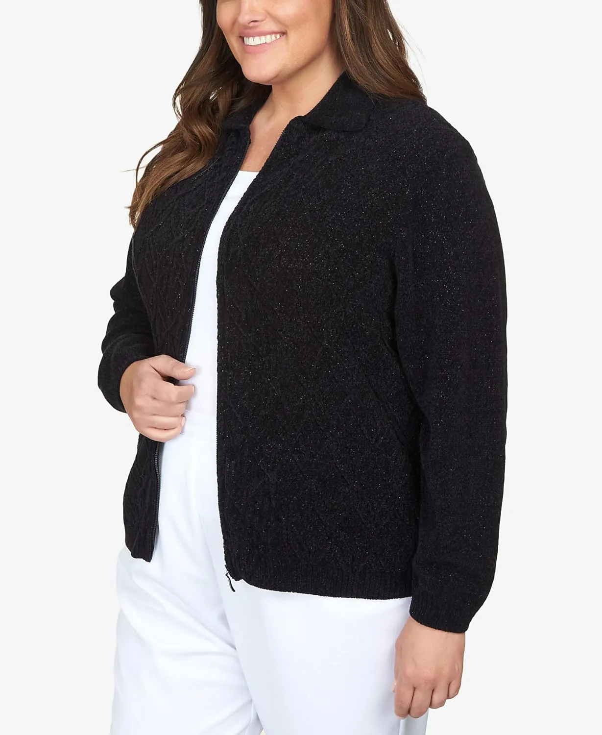 Alfred Dunner Classic Chenille W/Lurix Zippered Cardigan
