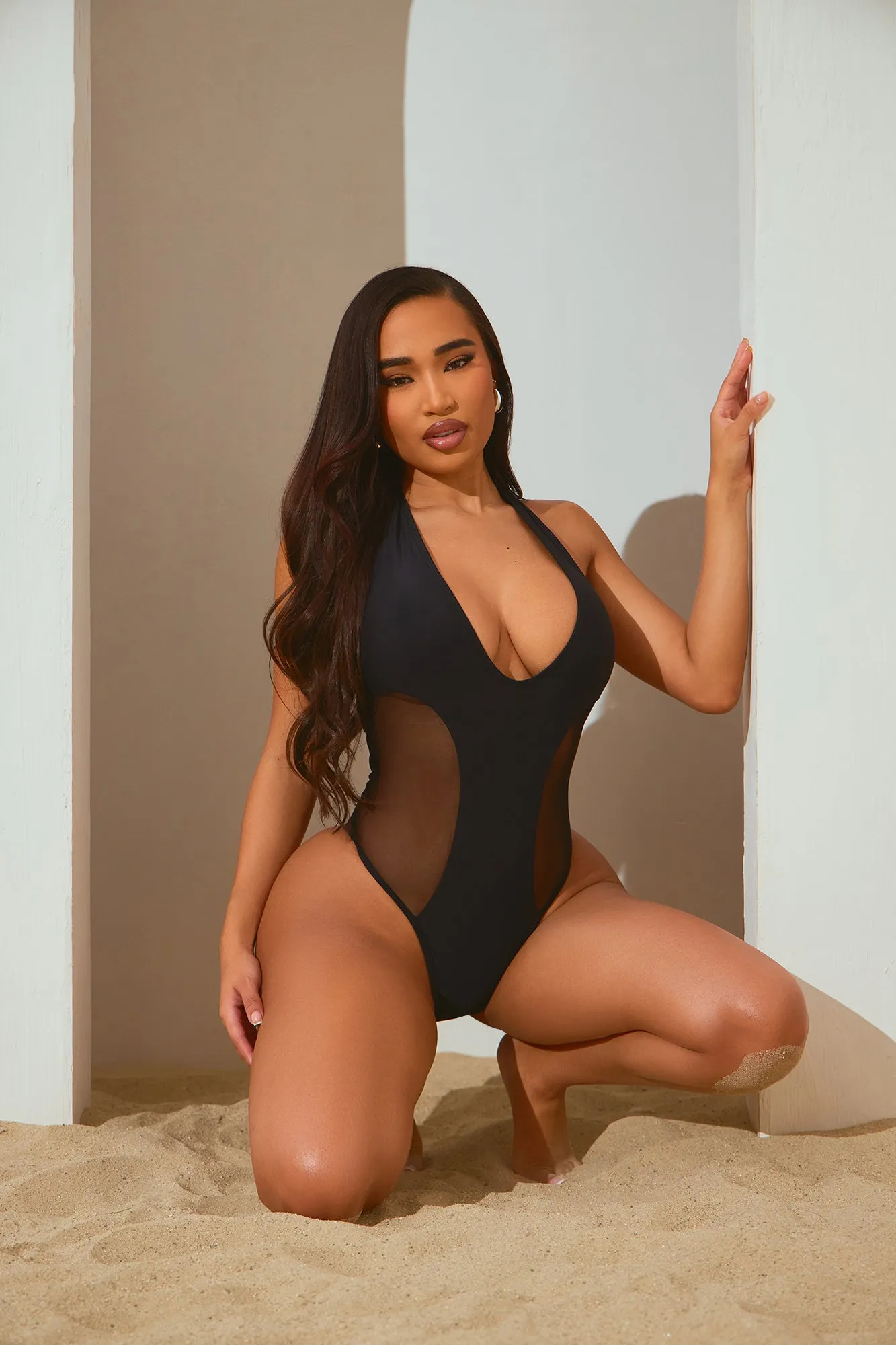 Alise Mesh Cutout 1 Piece Swimsuit - Black