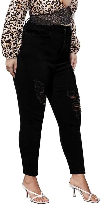 ALLABREVE Womens Plus Size Skinny Jeans Stretchy High Waisted Ankle Jean Ripped Slim Fit Washed Denim Distressed Tight Jean