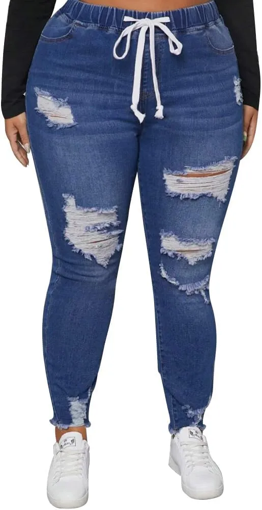 ALLABREVE Womens Plus Size Skinny Jeans Stretchy High Waisted Ankle Jean Ripped Slim Fit Washed Denim Distressed Tight Jean