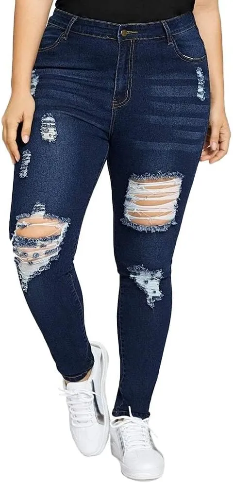 ALLABREVE Womens Plus Size Skinny Jeans Stretchy High Waisted Ankle Jean Ripped Slim Fit Washed Denim Distressed Tight Jean