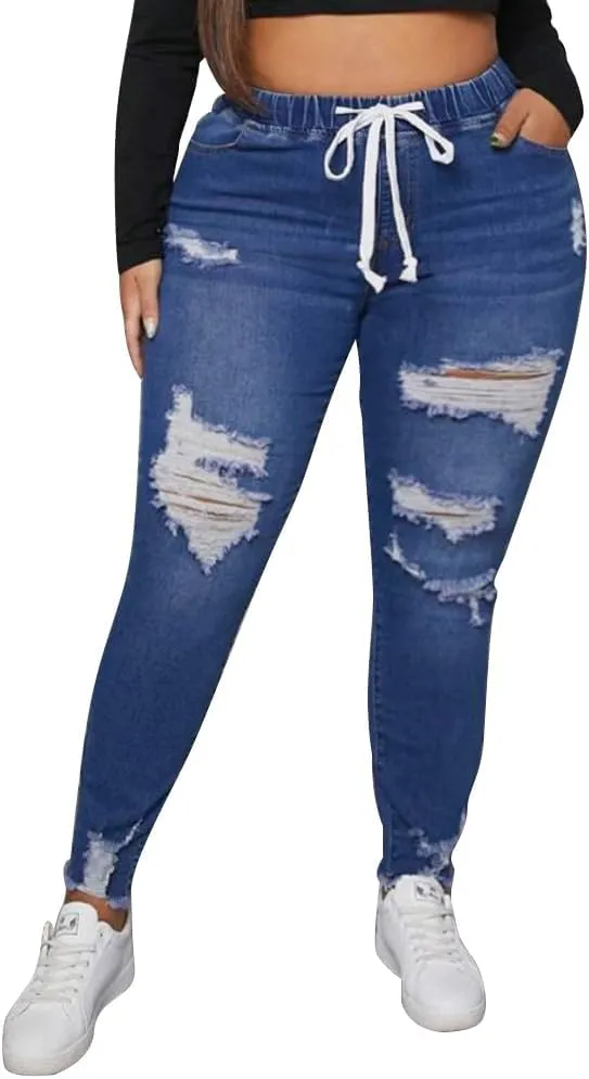 ALLABREVE Womens Plus Size Skinny Jeans Stretchy High Waisted Ankle Jean Ripped Slim Fit Washed Denim Distressed Tight Jean