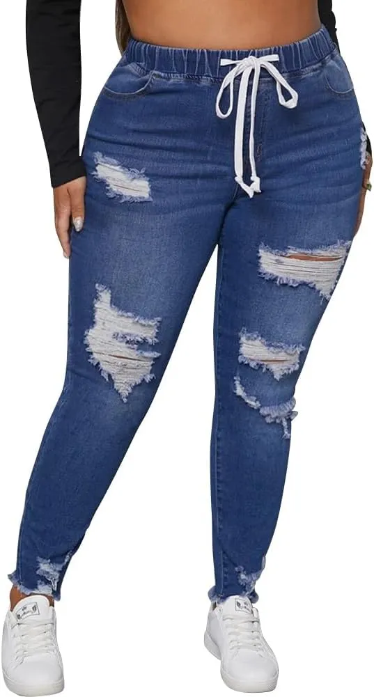 ALLABREVE Womens Plus Size Skinny Jeans Stretchy High Waisted Ankle Jean Ripped Slim Fit Washed Denim Distressed Tight Jean