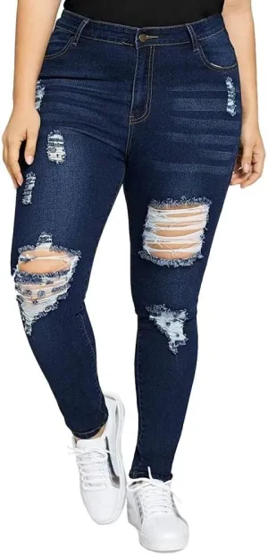 ALLABREVE Womens Plus Size Skinny Jeans Stretchy High Waisted Ankle Jean Ripped Slim Fit Washed Denim Distressed Tight Jean
