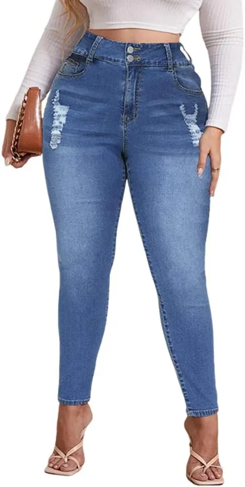 ALLABREVE Womens Plus Size Skinny Jeans Stretchy High Waisted Ankle Jean Ripped Slim Fit Washed Denim Distressed Tight Jean