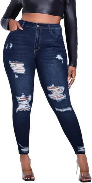ALLABREVE Womens Plus Size Skinny Jeans Stretchy High Waisted Ankle Jean Ripped Slim Fit Washed Denim Distressed Tight Jean