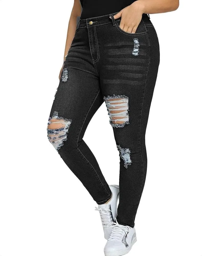 ALLABREVE Womens Plus Size Skinny Jeans Stretchy High Waisted Ankle Jean Ripped Slim Fit Washed Denim Distressed Tight Jean
