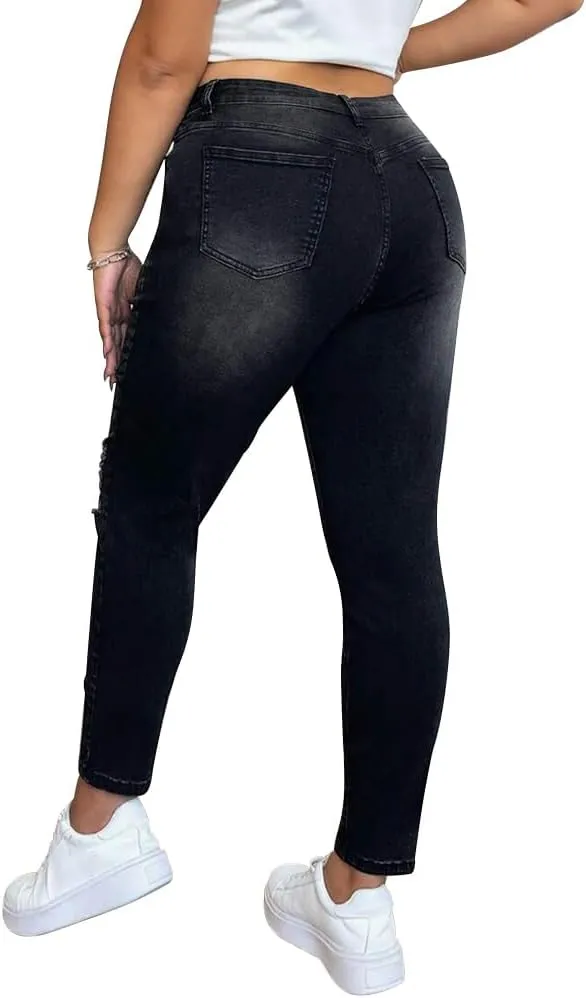 ALLABREVE Womens Plus Size Skinny Jeans Stretchy High Waisted Ankle Jean Ripped Slim Fit Washed Denim Distressed Tight Jean