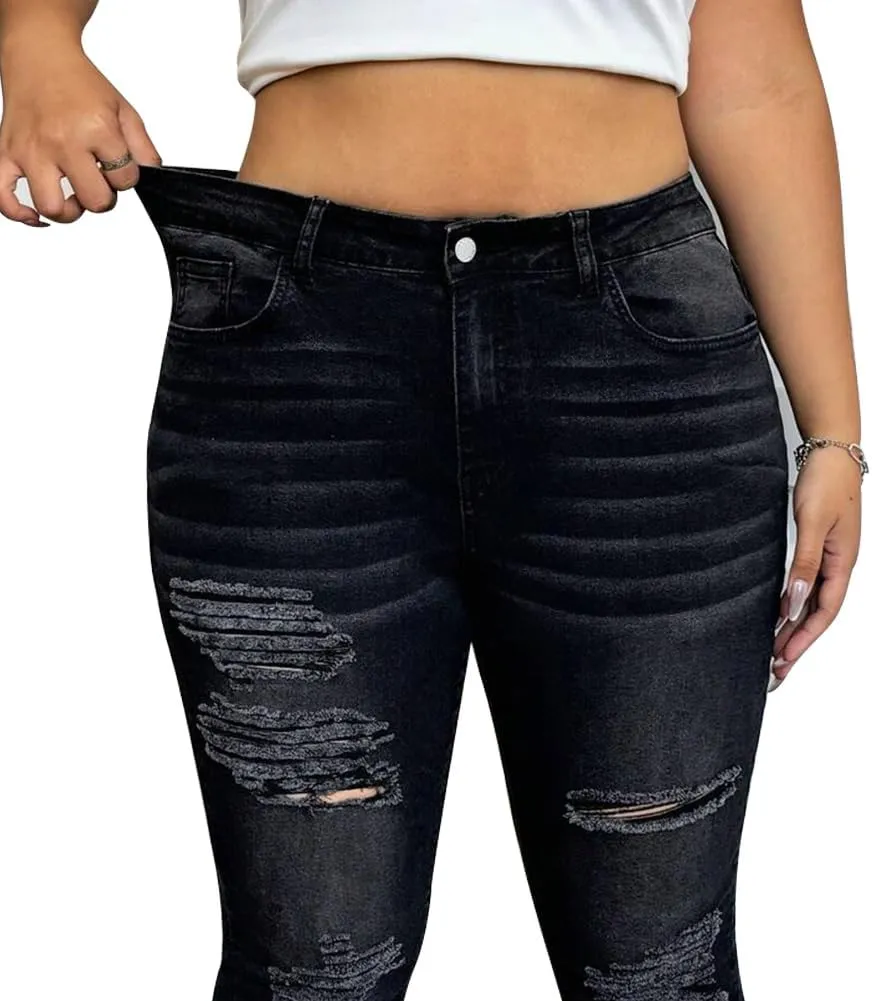 ALLABREVE Womens Plus Size Skinny Jeans Stretchy High Waisted Ankle Jean Ripped Slim Fit Washed Denim Distressed Tight Jean