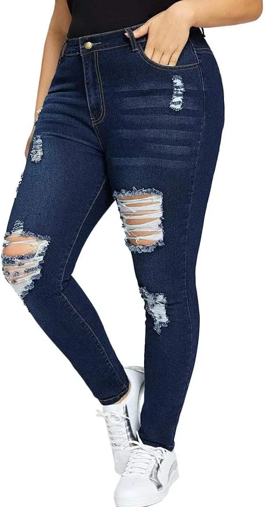 ALLABREVE Womens Plus Size Skinny Jeans Stretchy High Waisted Ankle Jean Ripped Slim Fit Washed Denim Distressed Tight Jean