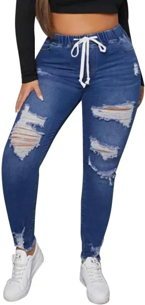 ALLABREVE Womens Plus Size Skinny Jeans Stretchy High Waisted Ankle Jean Ripped Slim Fit Washed Denim Distressed Tight Jean