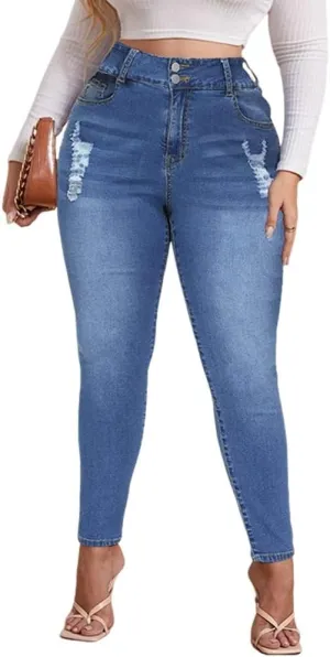 ALLABREVE Womens Plus Size Skinny Jeans Stretchy High Waisted Ankle Jean Ripped Slim Fit Washed Denim Distressed Tight Jean