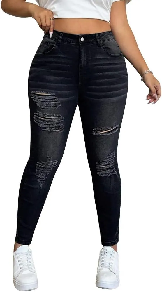 ALLABREVE Womens Plus Size Skinny Jeans Stretchy High Waisted Ankle Jean Ripped Slim Fit Washed Denim Distressed Tight Jean