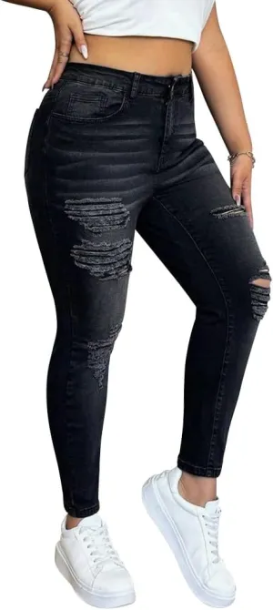 ALLABREVE Womens Plus Size Skinny Jeans Stretchy High Waisted Ankle Jean Ripped Slim Fit Washed Denim Distressed Tight Jean