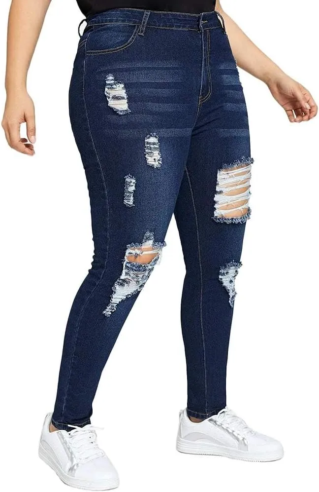 ALLABREVE Womens Plus Size Skinny Jeans Stretchy High Waisted Ankle Jean Ripped Slim Fit Washed Denim Distressed Tight Jean