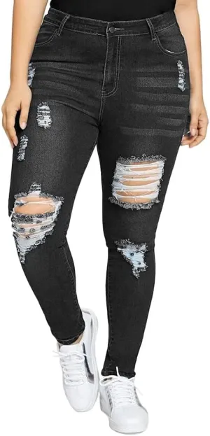 ALLABREVE Womens Plus Size Skinny Jeans Stretchy High Waisted Ankle Jean Ripped Slim Fit Washed Denim Distressed Tight Jean