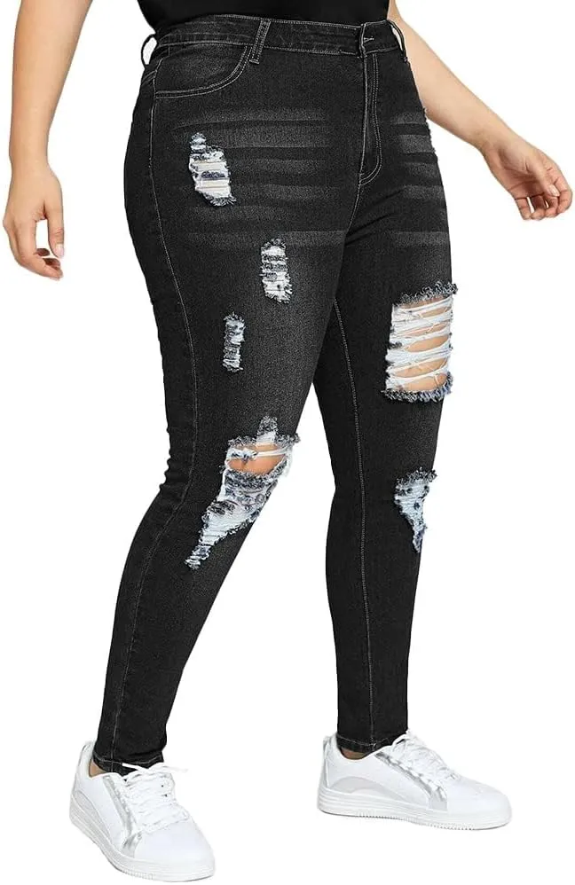 ALLABREVE Womens Plus Size Skinny Jeans Stretchy High Waisted Ankle Jean Ripped Slim Fit Washed Denim Distressed Tight Jean
