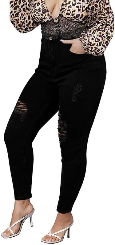 ALLABREVE Womens Plus Size Skinny Jeans Stretchy High Waisted Ankle Jean Ripped Slim Fit Washed Denim Distressed Tight Jean