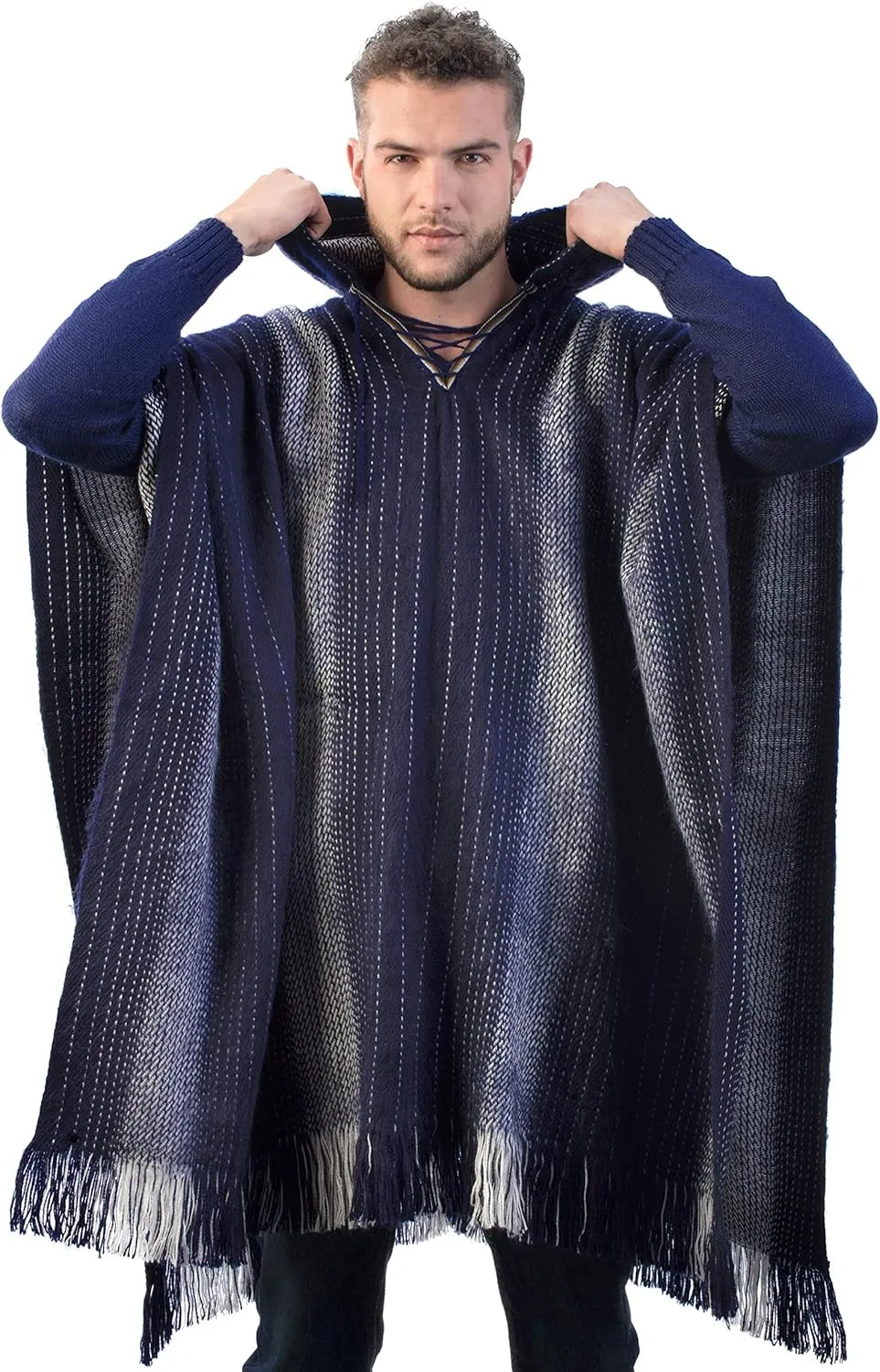 Alpaca Hooded Poncho for Men - Warm and Soft Wool Cloak Cape -Comfortable House Coat (US, Alpha, One Size, Regular, Regular, Navy Blue)