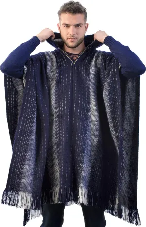 Alpaca Hooded Poncho for Men - Warm and Soft Wool Cloak Cape -Comfortable House Coat (US, Alpha, One Size, Regular, Regular, Navy Blue)