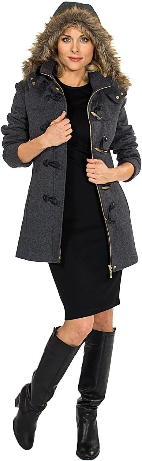Alpine Swiss Duffy Womens Wool Coat Fur Trim Hooded Parka Jacket