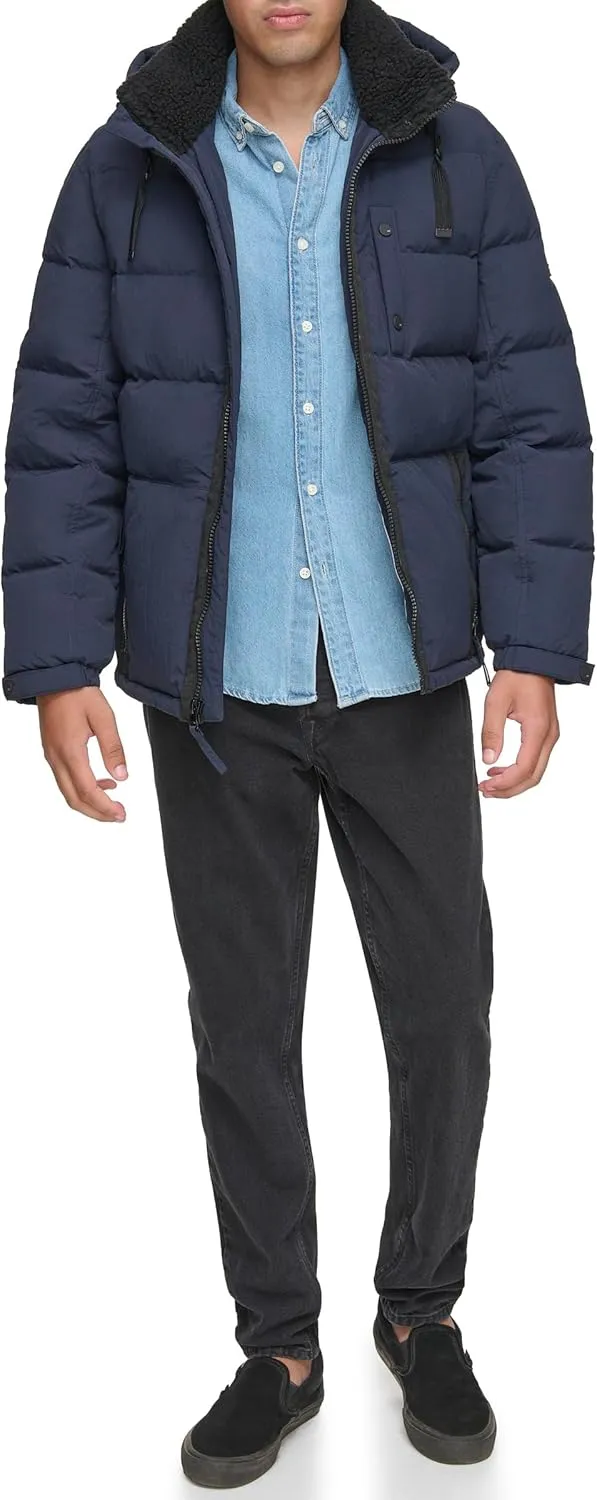 Andrew Marc Men's Water Resistant Hubble Crinkle Down Jacket with Removable Faux Fur Hood