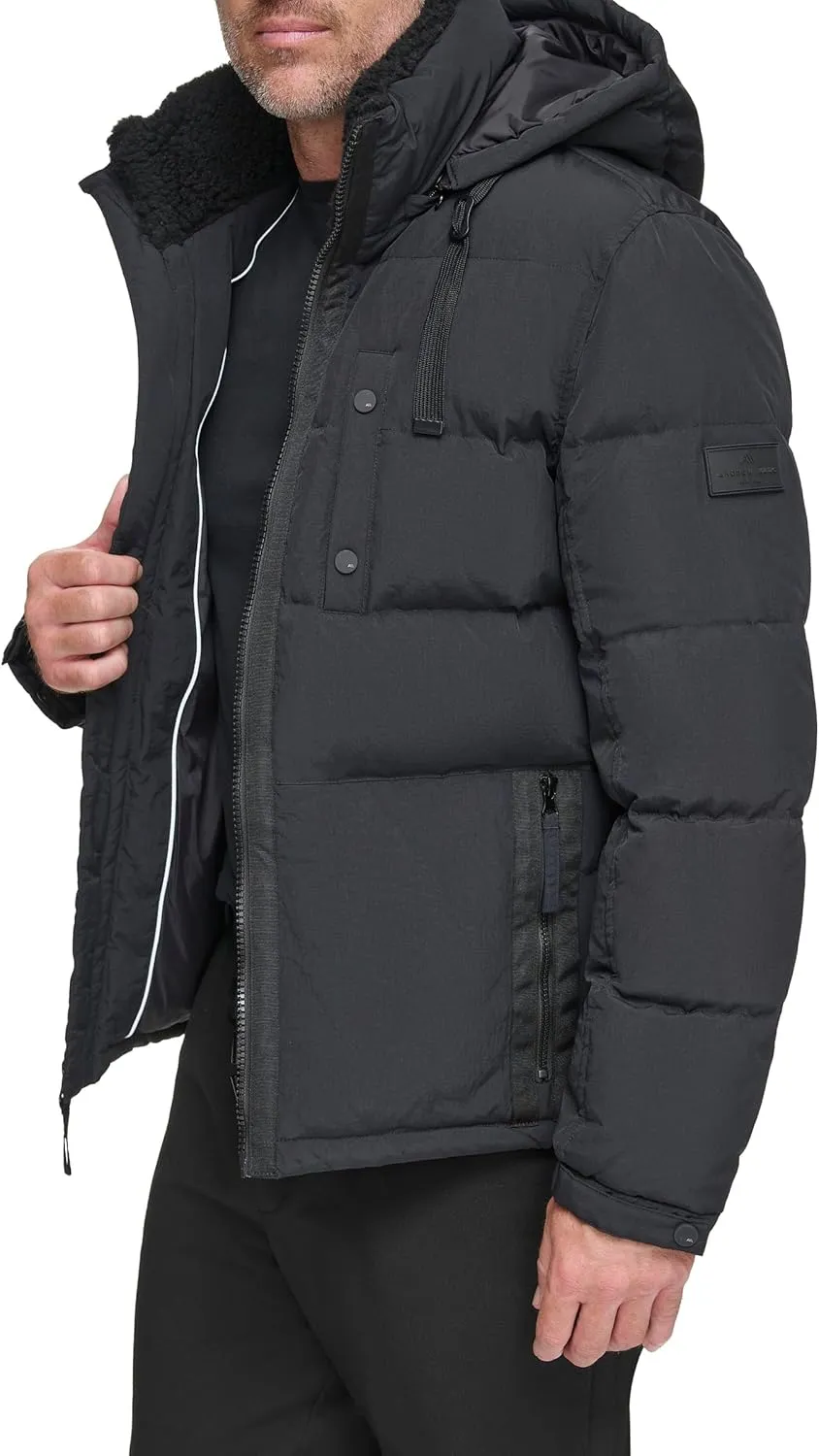 Andrew Marc Men's Water Resistant Hubble Crinkle Down Jacket with Removable Faux Fur Hood